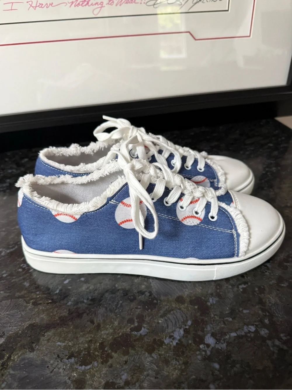 Women’s Canvas Denim Baseball Print Lace Up Sneakers Size 9.5 Blue White NWOT